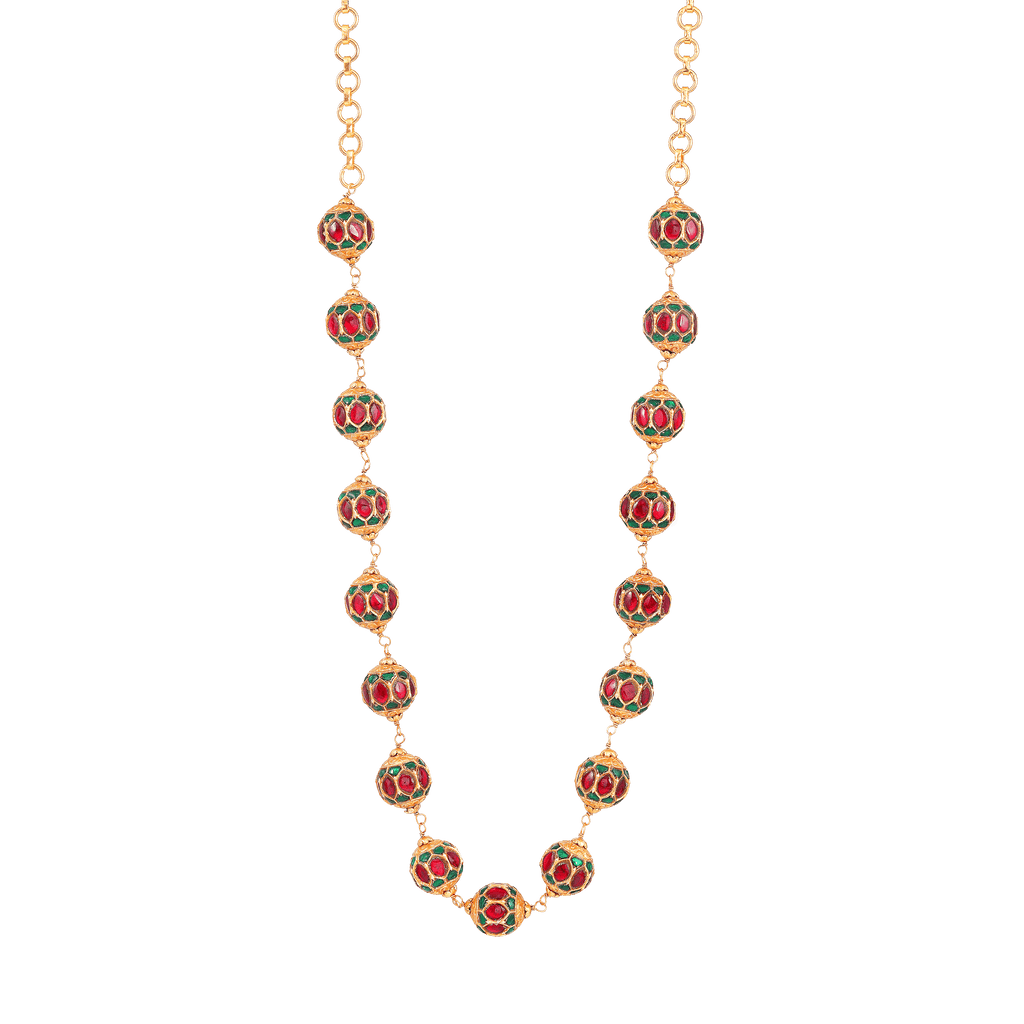 Gold-Tone Silver Kundan Pattern Bead Necklace by Tavya Jewellery - full view