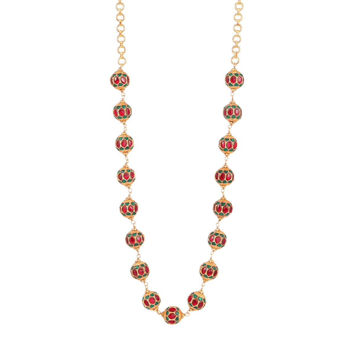 Gold-Tone Silver Kundan Pattern Bead Necklace by Tavya Jewellery - full view