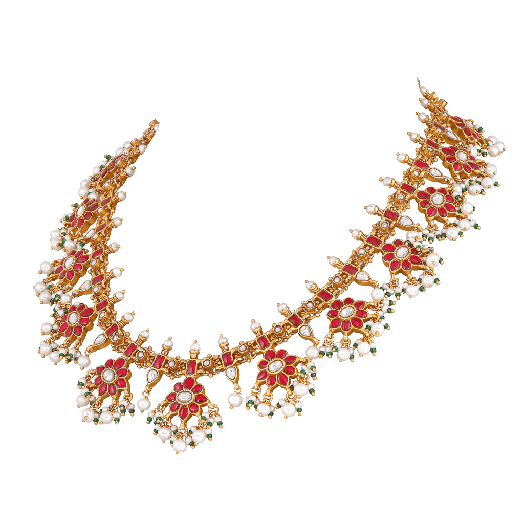 Silver Red Stone Floral Haram by Tavya Jewellery - styled close-up