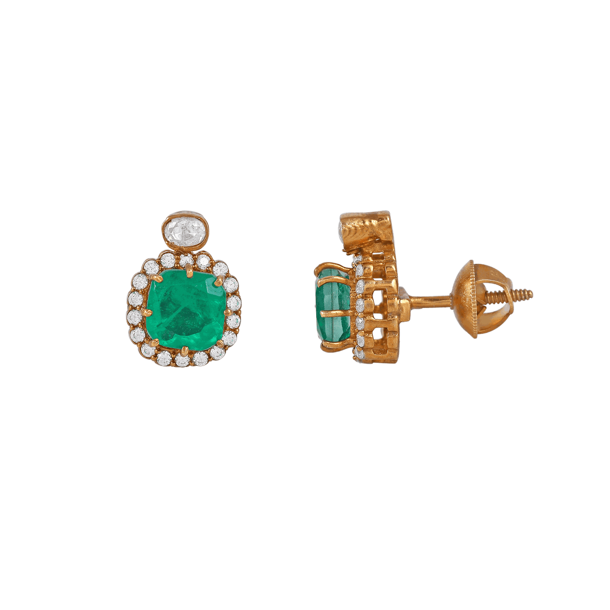 Regal Green Stone CZ Halo Studs in Silver by Tavya Jewellery - full view
