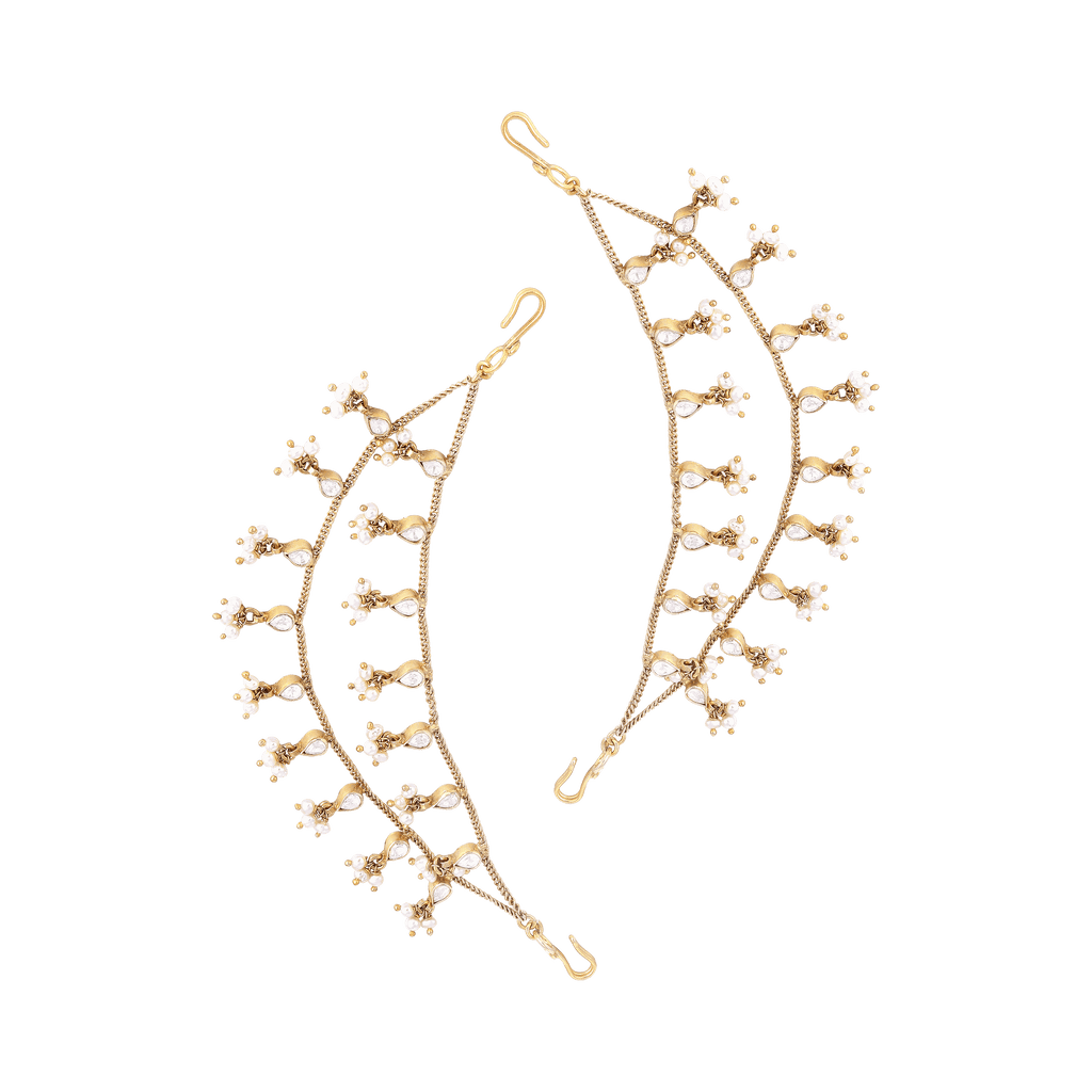 92.5 Silver gold-plated hair accessory with double-layer chain, cubic zirconia stones, and seed pearl clusters in teardrop motifs