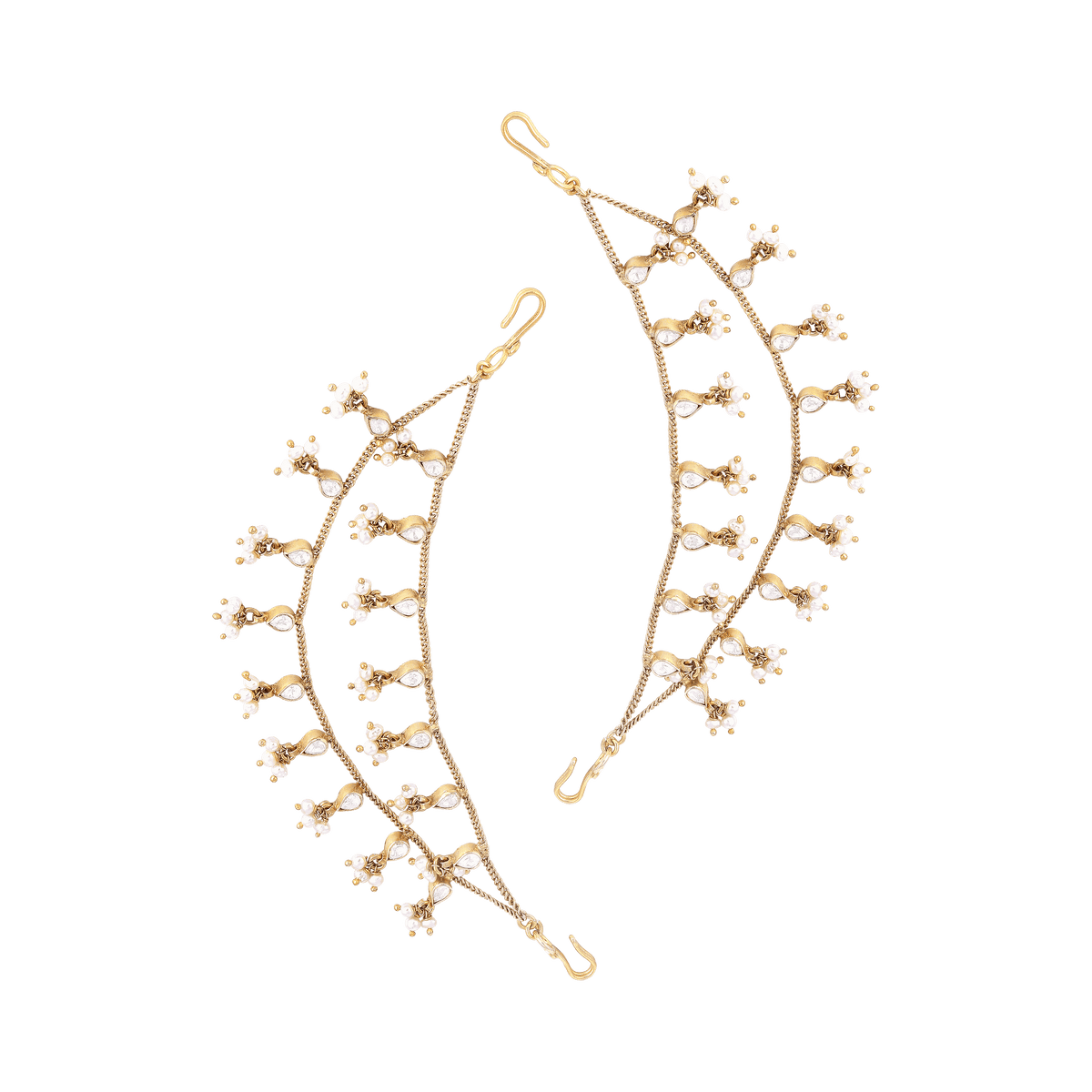 92.5 Silver gold-plated hair accessory with double-layer chain, cubic zirconia stones, and seed pearl clusters in teardrop motifs