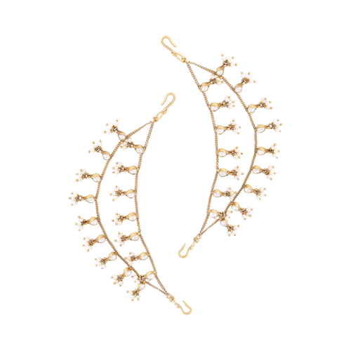 92.5 Silver gold-plated hair accessory with double-layer chain, cubic zirconia stones, and seed pearl clusters in teardrop motifs