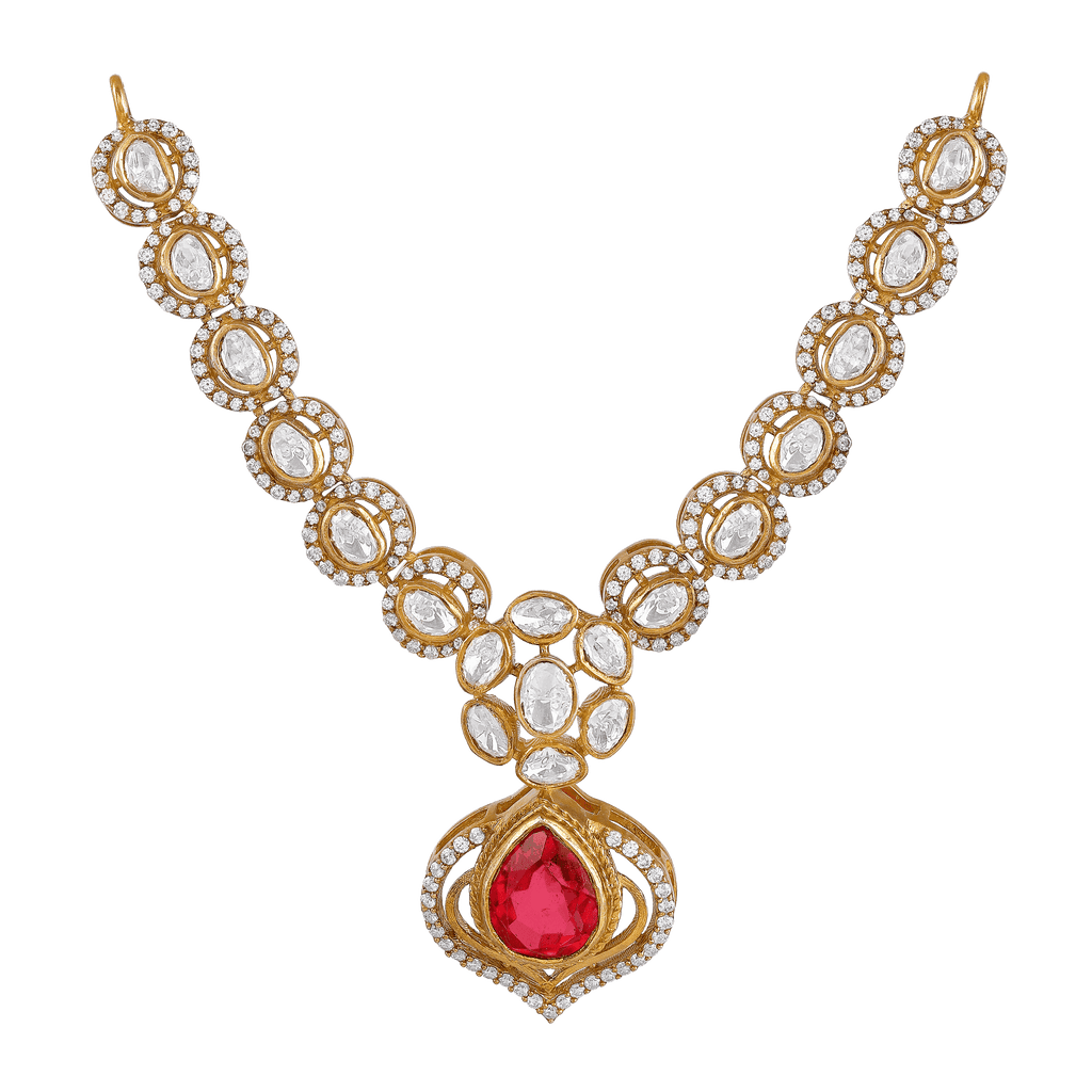 Pink Ruby Stone Pear Necklace in 92.5 Silver by Tavya Jewellery - full view