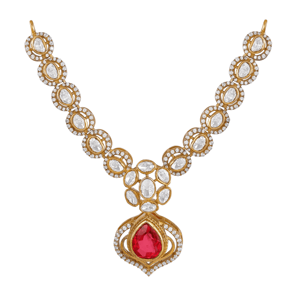 Pink Ruby Stone Pear Necklace in 92.5 Silver by Tavya Jewellery - full view