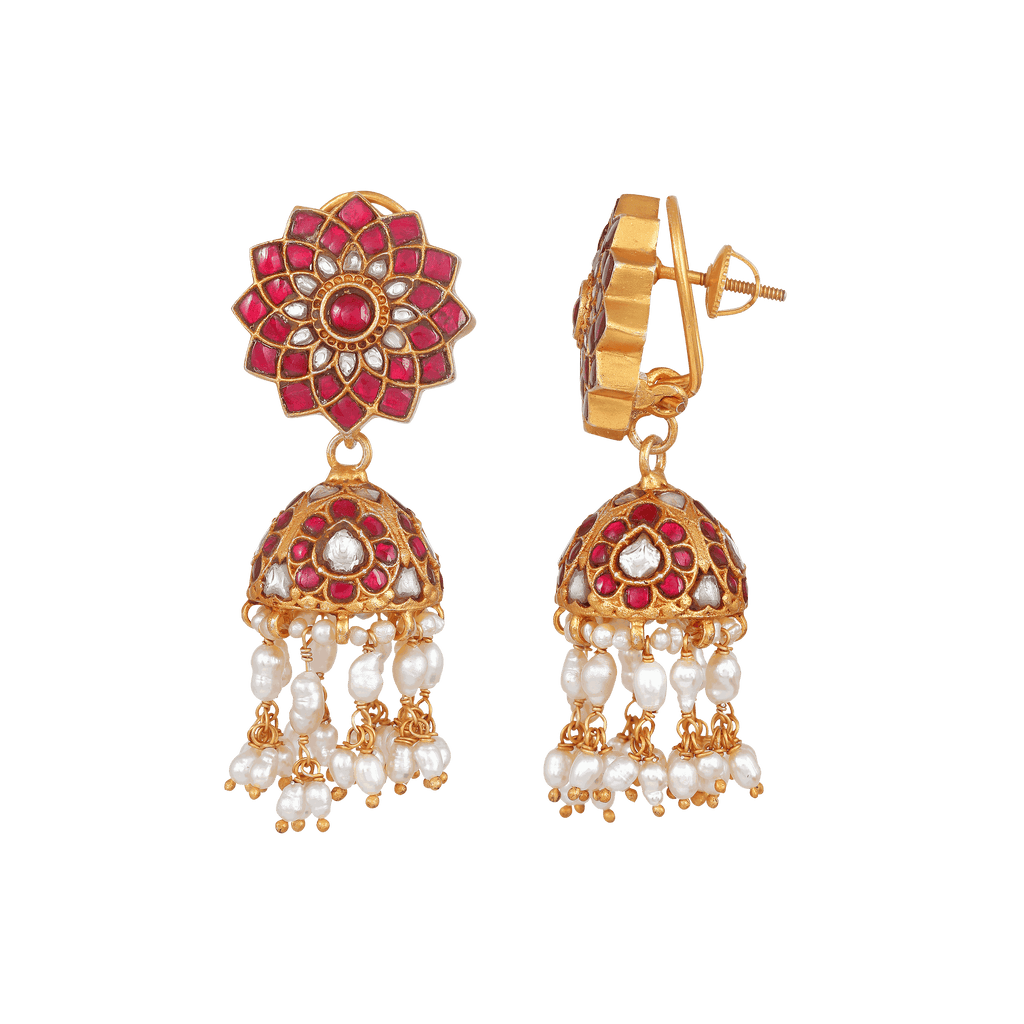Silver Jhumkas With Floral Pattern by Tavya Jewellery - full view