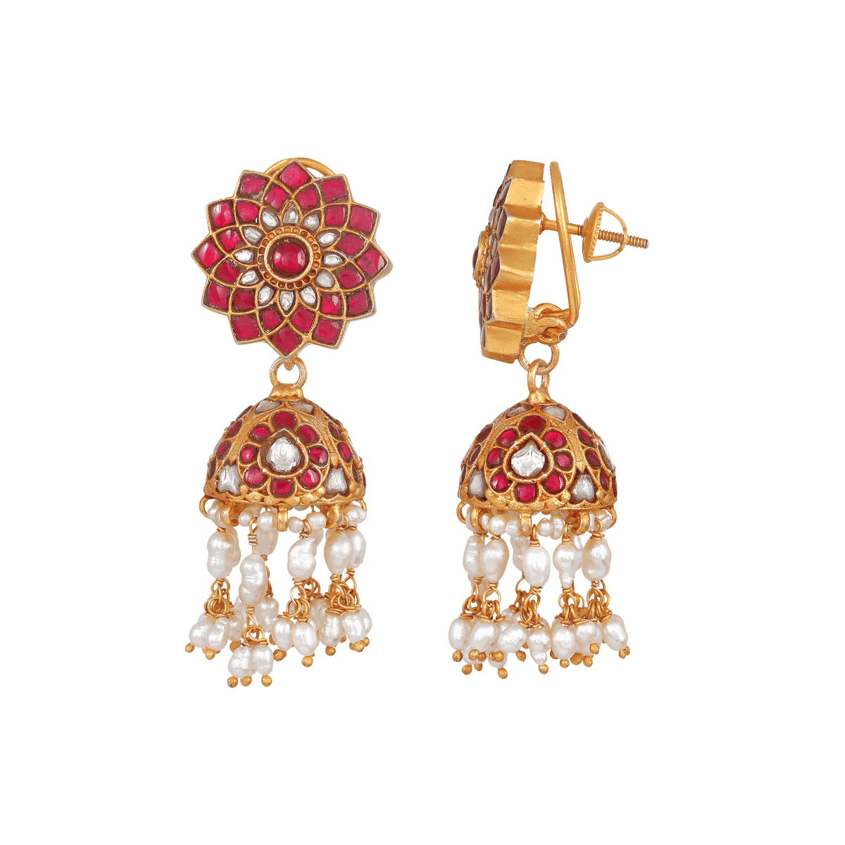 Silver Jhumkas With Floral Pattern by Tavya Jewellery - full view