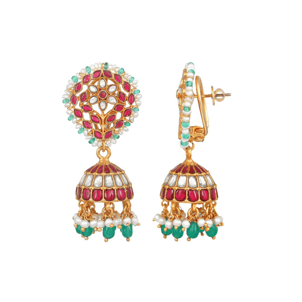 Vibrant Floral Kemp-Style 92.5 Silver Jhumkas by Tavya Jewellery - side view