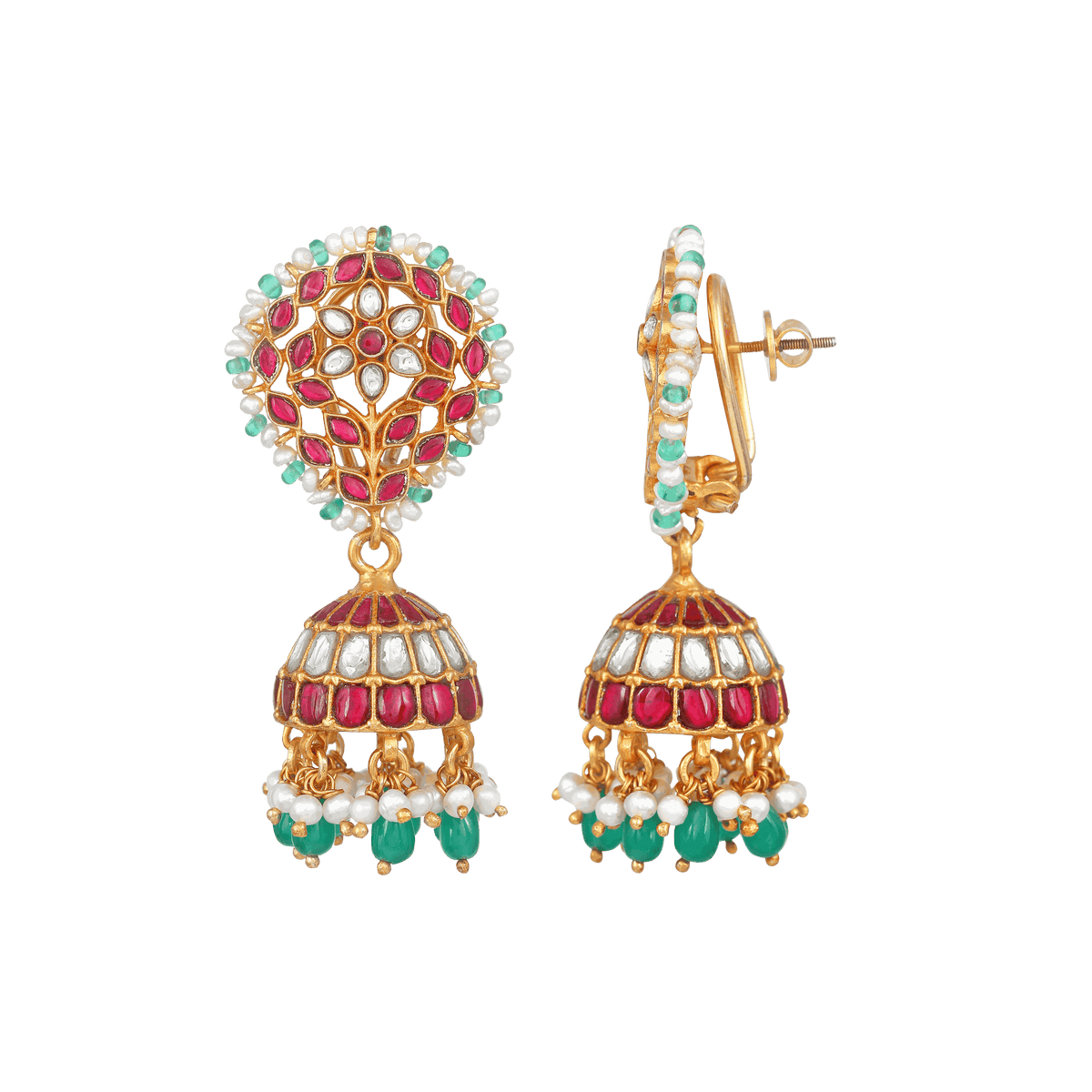 Vibrant Floral Kemp-Style 92.5 Silver Jhumkas by Tavya Jewellery - side view