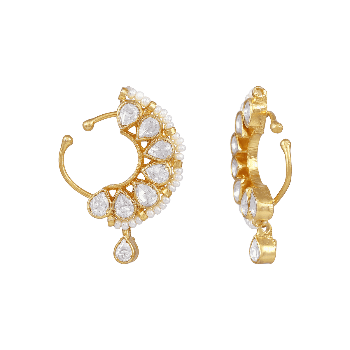 Aurora Bezel-Set CZ Silver Nose Pin with Pearl Accents by Tavya Jewellery - close-up detail