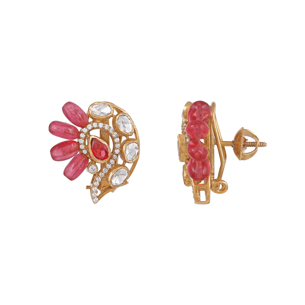 Silver Peacock Stud Earrings in Pink Stone by Tavya Jewellery - full view