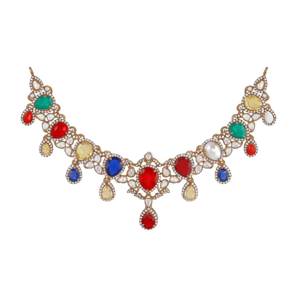 Silver Short Necklace with CZ & Pearl Accents by Tavya Jewellery - front view