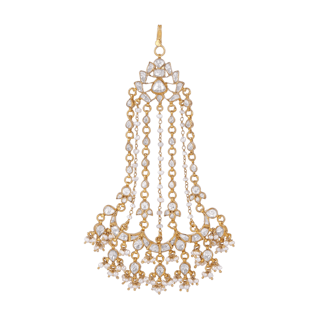 Mughal-Style Silver Passa with CZ & Pearl Droplets by Tavya Jewellery - front view