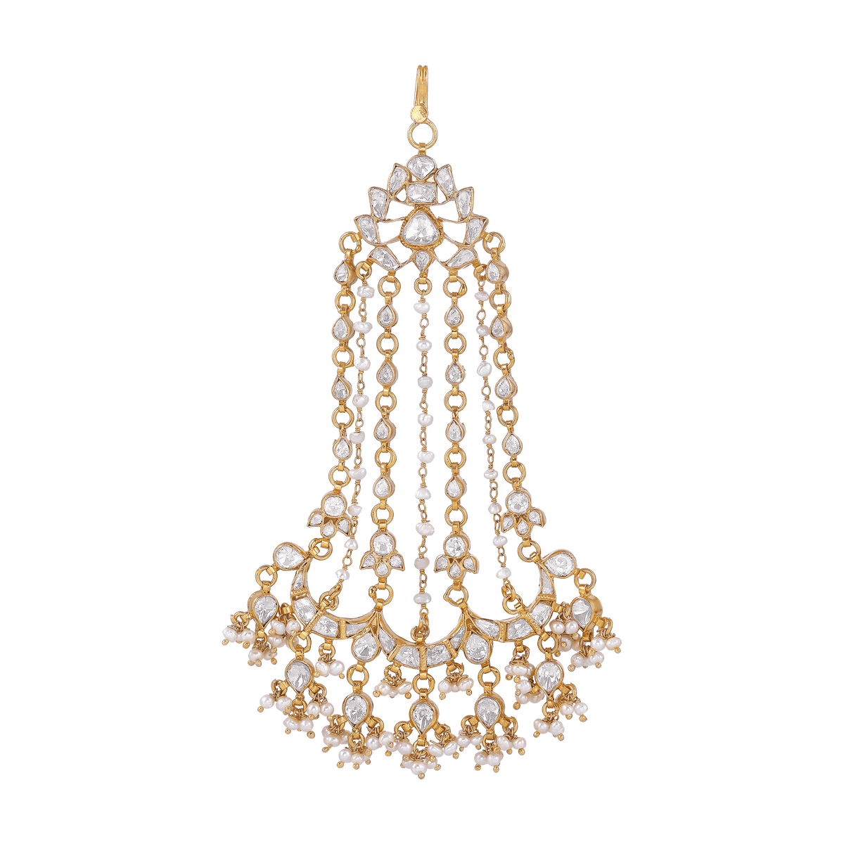 Mughal-Style Silver Passa with CZ & Pearl Droplets by Tavya Jewellery - front view