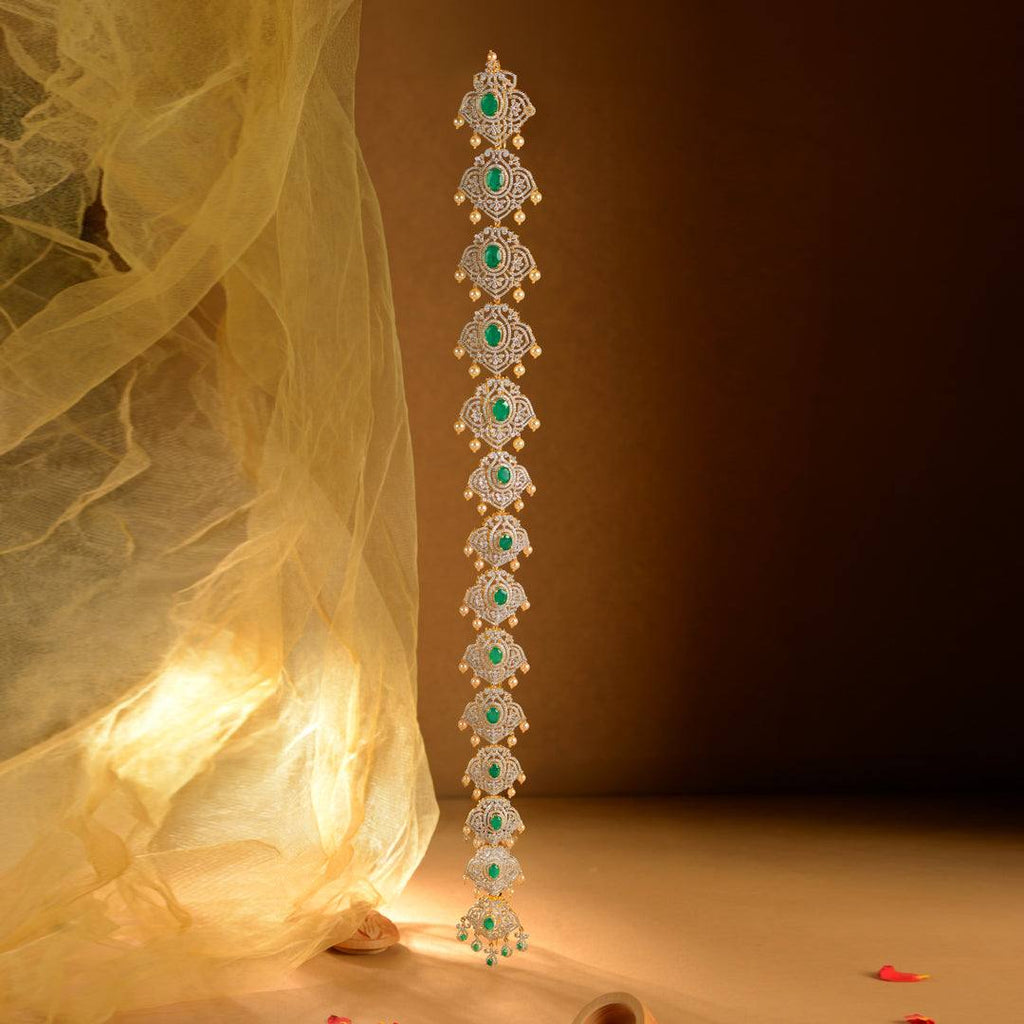 92.5 CZ Silver Emerald Drop Hair Chain by Tavya Jewellery - front view