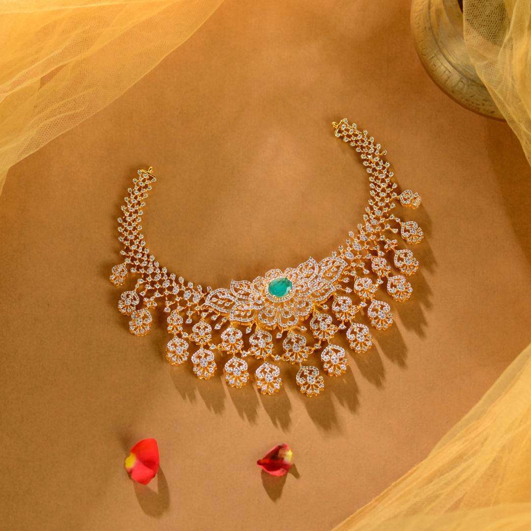 92.5 Silver CZ Designer Emerald Statement Necklace by Tavya Jewellery - front view
